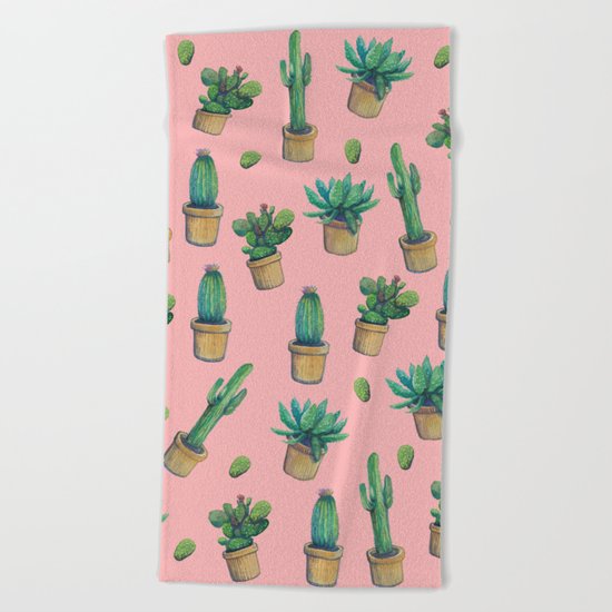 cactus pink water color Beach Towel