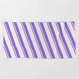 [ Thumbnail: Beige and Medium Slate Blue Colored Striped Pattern Beach Towel ]