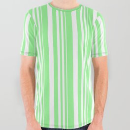 [ Thumbnail: White and Green Colored Lined/Striped Pattern All Over Graphic Tee ]