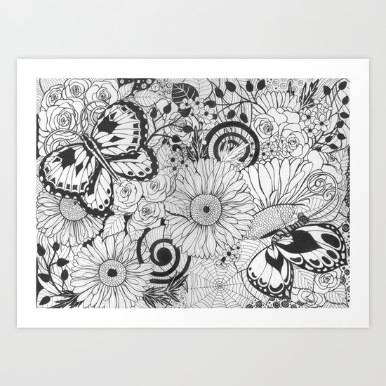 Flowers and butterflies Art Print