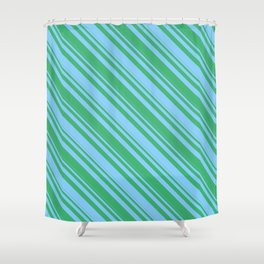 [ Thumbnail: Light Sky Blue & Sea Green Colored Striped/Lined Pattern Shower Curtain ]