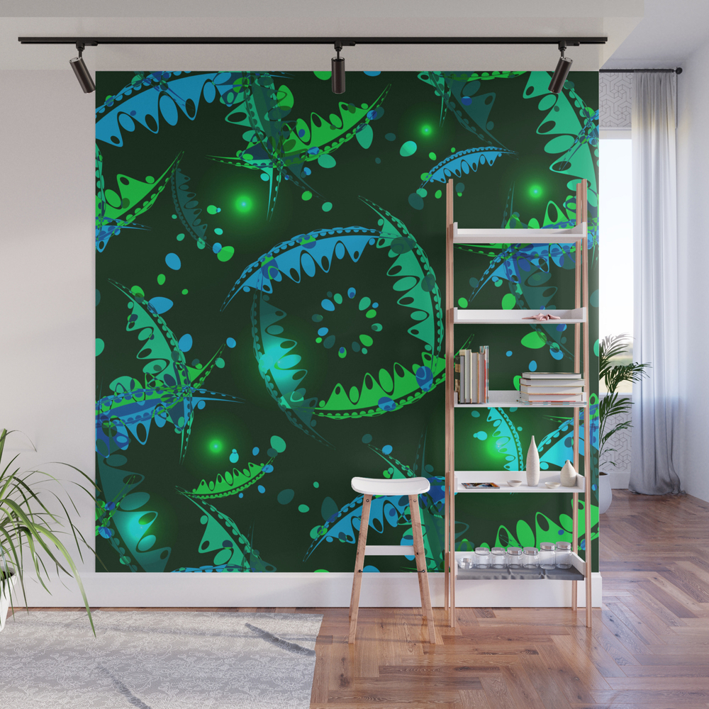Glowing Pattern Of Delicate Leaves And Petals Of Garden Plants In Blue And Green Tones. Wall Mural by grachyhamr