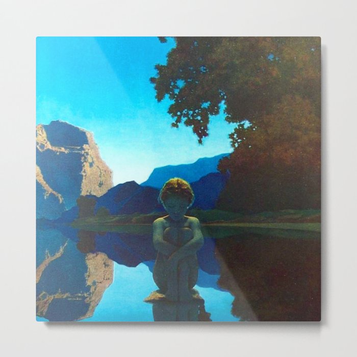Twilight Sky Blue, Evening Shadows by the Reflection Pool landscape painting by Maxfield Parrish Metal Print