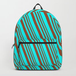 [ Thumbnail: Sienna and Cyan Colored Lined/Striped Pattern Backpack ]