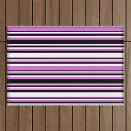 [ Thumbnail: Orchid, Black, and White Colored Striped/Lined Pattern Outdoor Rug ]