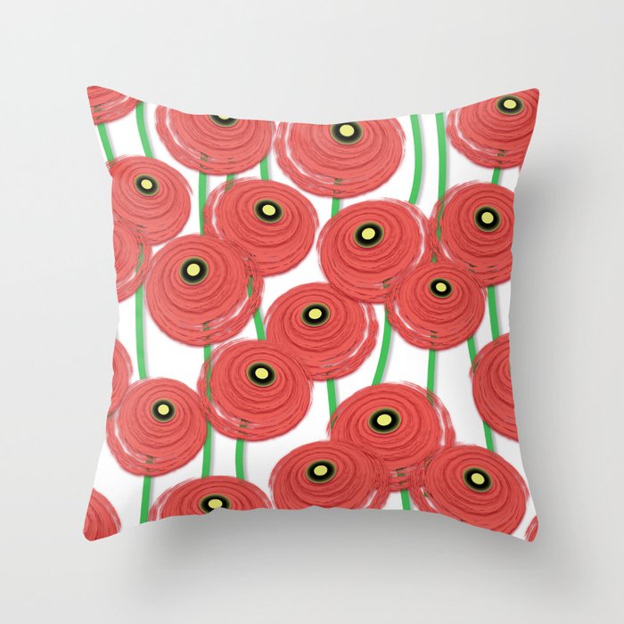 Modern Poppy Flowers Pattern // Poppy Red, Green, Black and White Throw Pillow