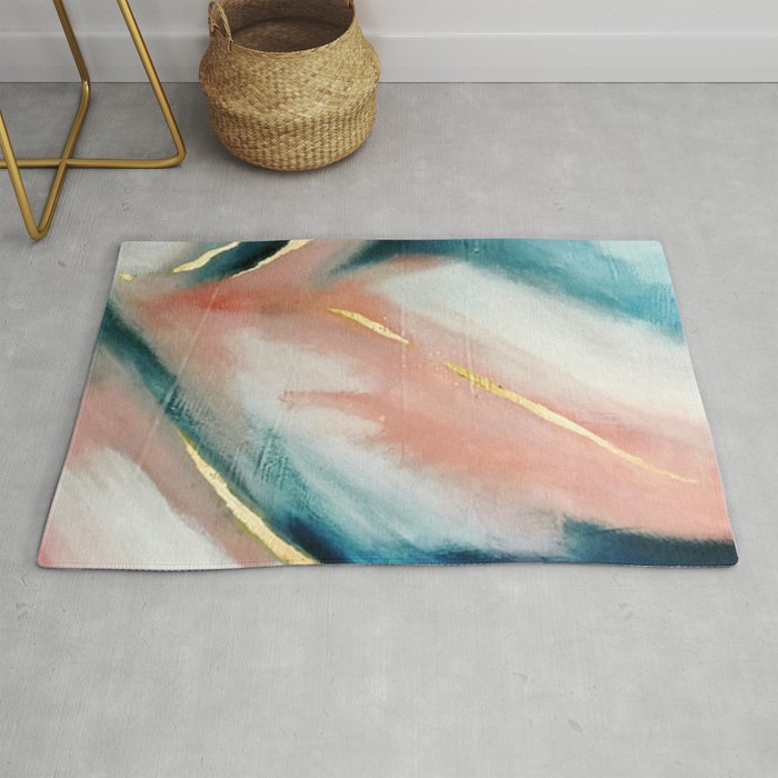 Celestial [3]: a minimal abstract mixed-media piece in Pink, Blue, and gold by Alyssa Hamilton Art Rug
