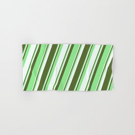 [ Thumbnail: Dark Olive Green, Light Green, and Mint Cream Colored Lines Pattern Hand & Bath Towel ]