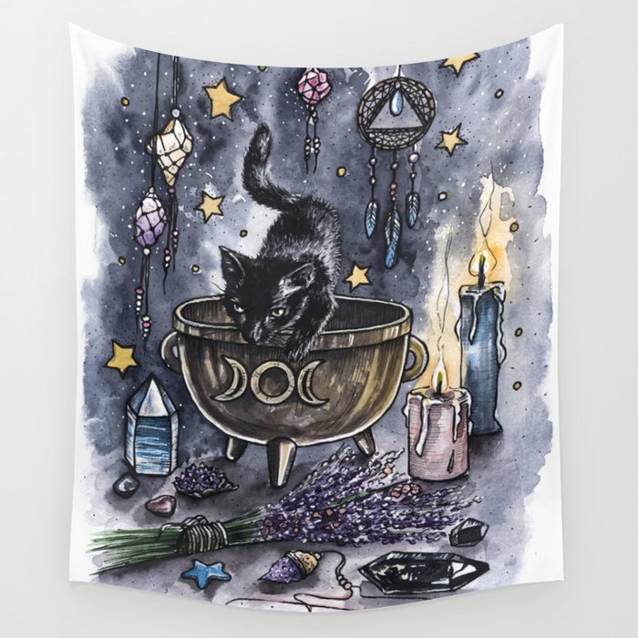 Black cat, magic illustration Wall Tapestry