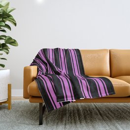 [ Thumbnail: Black and Orchid Colored Pattern of Stripes Throw Blanket ]