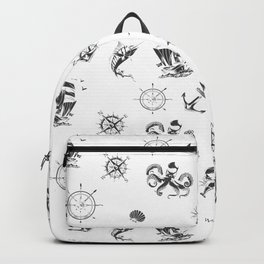 Dark Grey Silhouettes Of Vintage Nautical Pattern Backpack