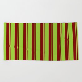[ Thumbnail: Green and Maroon Colored Striped Pattern Beach Towel ]