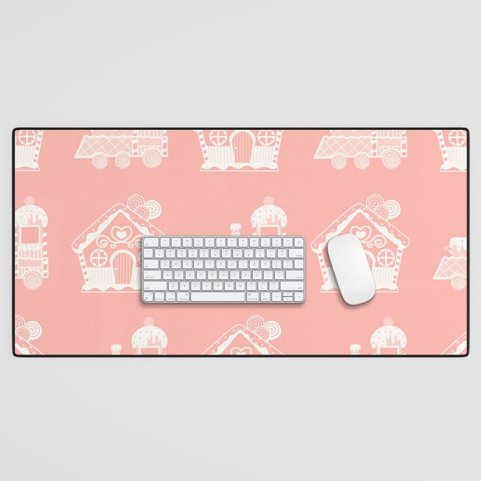 Hand Drawn Christmas Pattern with Sweet Gingerman Cookies of Houses and Train Locomotive on Light Pink Background Desk Mat