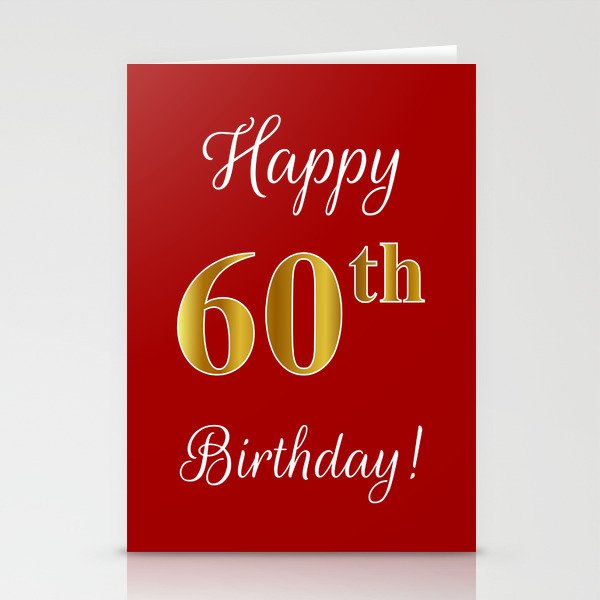 Elegant "Happy 60th Birthday!" With Faux/Imitation Gold-Inspired Color Pattern Number (on Red) Stationery Cards