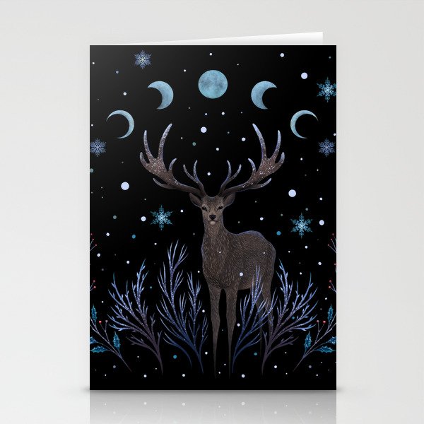 Deer in Winter Night Forest Stationery Cards