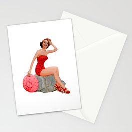 Sexy Brunette Pinup Girl in Red Skirt On The Rock Stationery Card