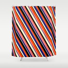 [ Thumbnail: Colorful Red, Light Coral, Midnight Blue, Light Yellow, and Black Colored Stripes Pattern Shower Curtain ]