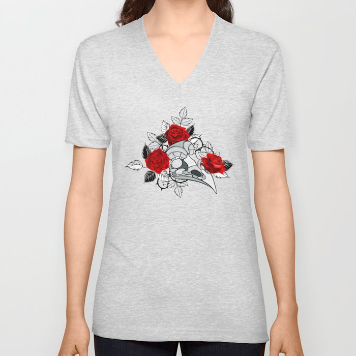 Bird Skull with Red Roses V Neck T Shirt