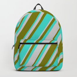 [ Thumbnail: Turquoise, Light Grey & Green Colored Lines/Stripes Pattern Backpack ]