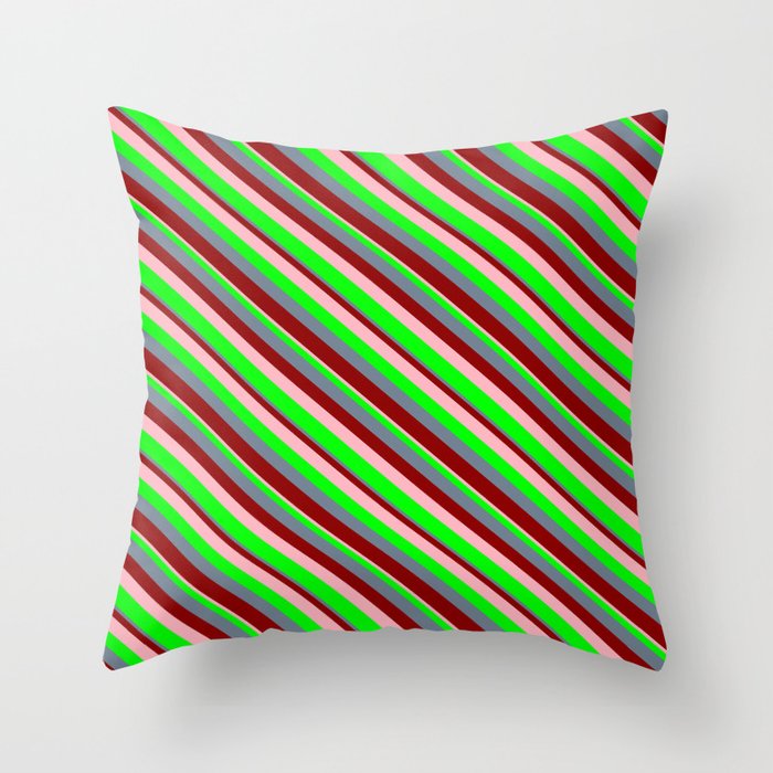 Slate Gray, Dark Red, Light Pink, and Lime Colored Stripes/Lines Pattern Throw Pillow