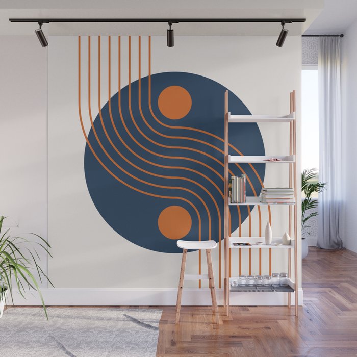 Geometric Lines and Shapes 16 in Navy Blue Orange Wall Mural