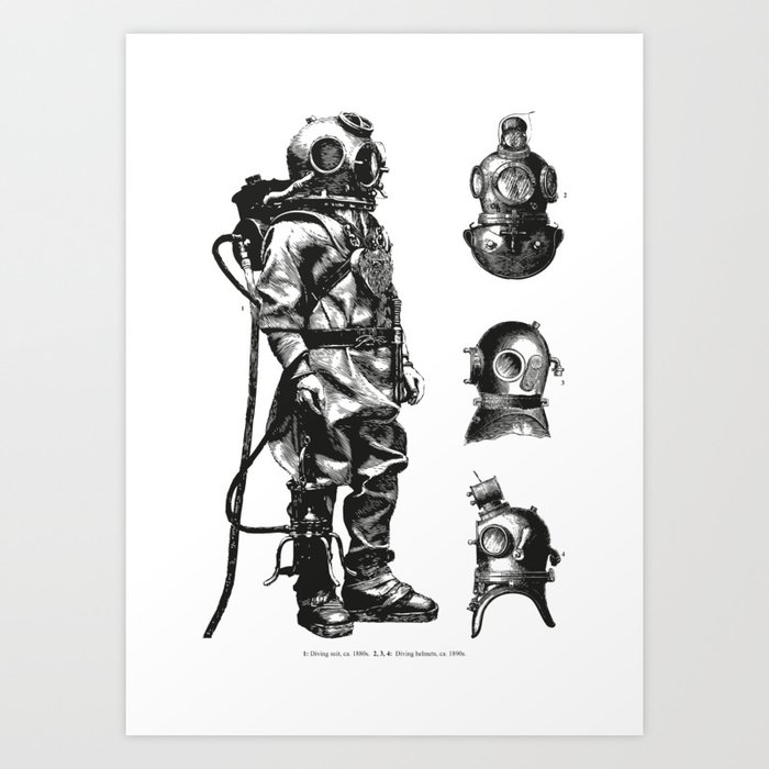 Vintage Deep Sea Diver | Diving Helmets | Black and White | Art Print