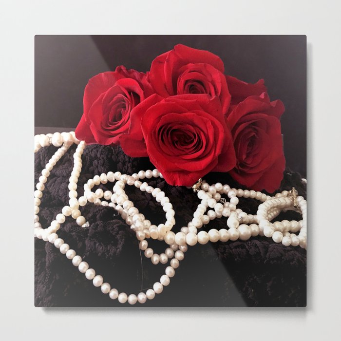 Red Roses, Strands of Pearls and Black Lace Metal Print