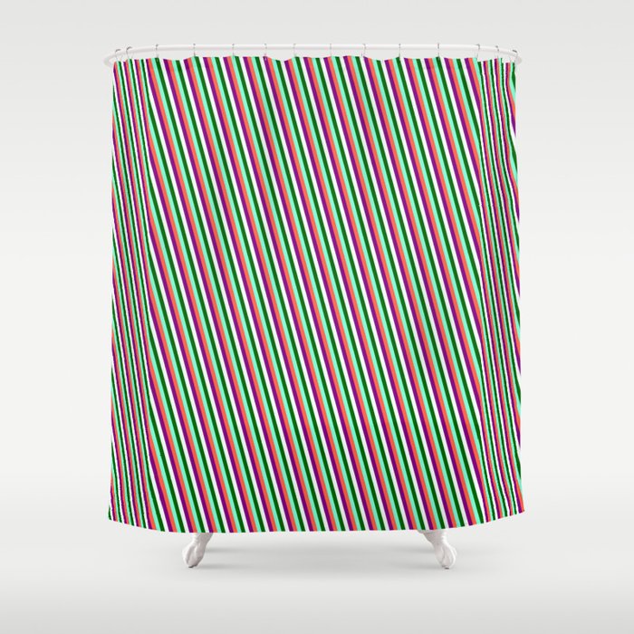 Colorful Red, Purple, Mint Cream, Dark Green, and Aquamarine Colored Stripes/Lines Pattern Shower Curtain