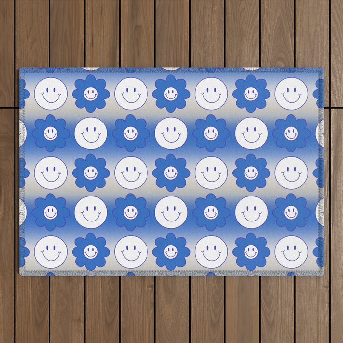 Smileys & Flower Faces Pattern (Blue Version) Outdoor Rug