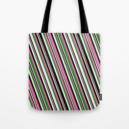 [ Thumbnail: Hot Pink, Forest Green, Mint Cream & Black Colored Stripes Pattern Tote Bag ]