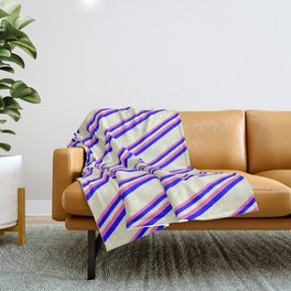 [ Thumbnail: Hot Pink, Blue, and Beige Colored Striped Pattern Throw Blanket ]