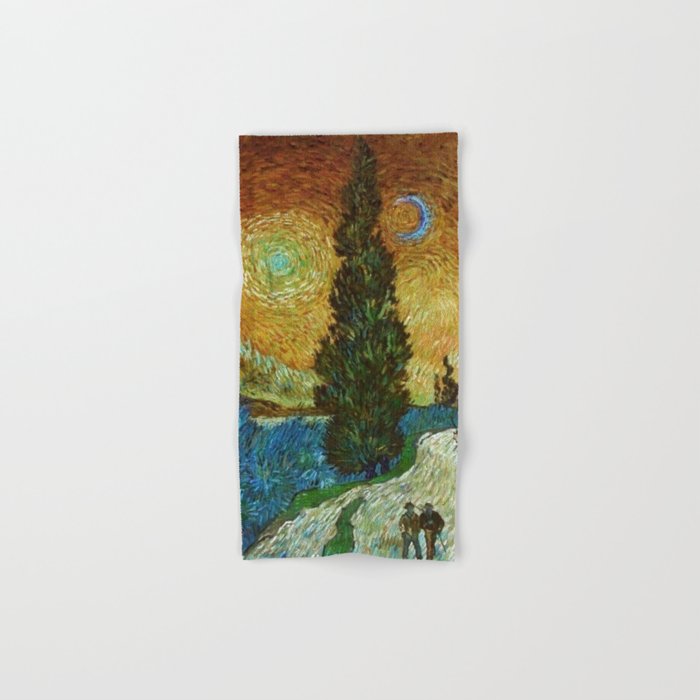 Road with Cypress and Star; Country Road in Provence by Night, oil-on-canvas post-impressionist landscape painting by Vincent van Gogh in alternate gold twilight sky Hand & Bath Towel