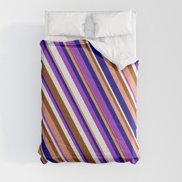 [ Thumbnail: Eye-catching Dark Orchid, White, Brown, Dark Salmon & Blue Colored Stripes Pattern Comforter ]