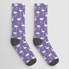 White flamingo silhouettes seamless pattern on purple background Socks