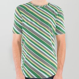 [ Thumbnail: Grey, Pale Goldenrod, Sea Green, and Light Cyan Colored Lines Pattern All Over Graphic Tee ]