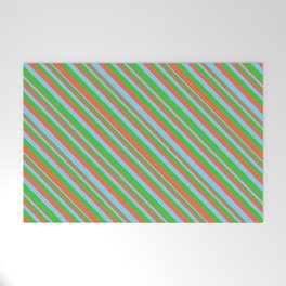 [ Thumbnail: Lime Green, Red, and Light Sky Blue Colored Striped Pattern Welcome Mat ]