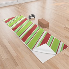 [ Thumbnail: Red, Light Green, Green & Mint Cream Colored Lines Pattern Yoga Towel ]