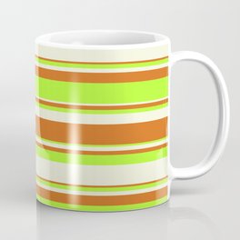 [ Thumbnail: Beige, Chocolate & Light Green Colored Lined/Striped Pattern Coffee Mug ]