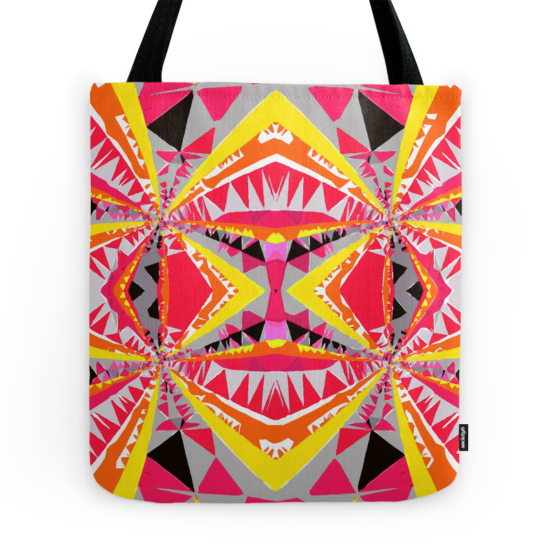 Psychedelic Geometric Symmetry Abstract Pattern In Red Yellow Orange Black Tote Bag by timla