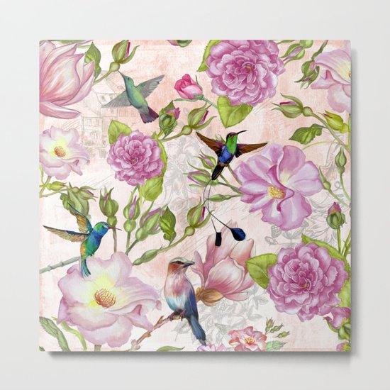 Vintage Roses and Hummingbird Pattern Metal Print