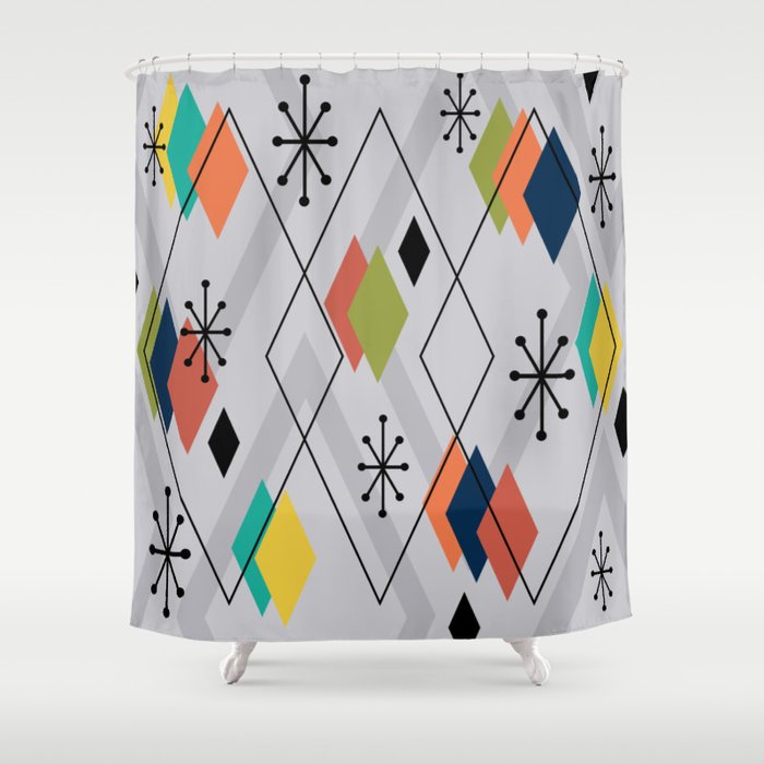 Mid Century Modern Scattered Diamonds Gray Multicolored Shower Curtain