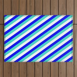 [ Thumbnail: Turquoise, White & Blue Colored Stripes/Lines Pattern Outdoor Rug ]