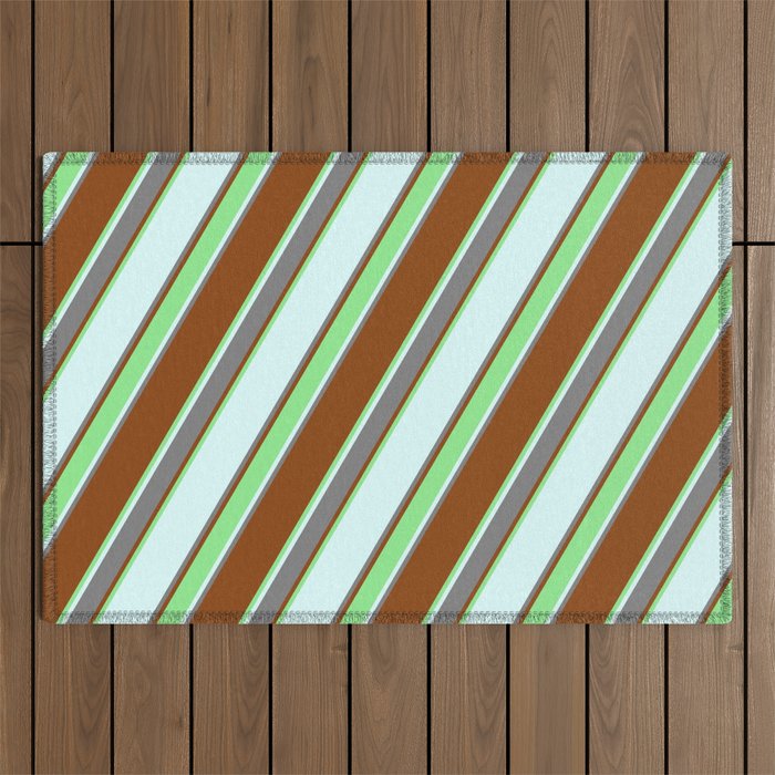 Brown, Light Green, Light Cyan, and Grey Colored Lined Pattern Outdoor Rug