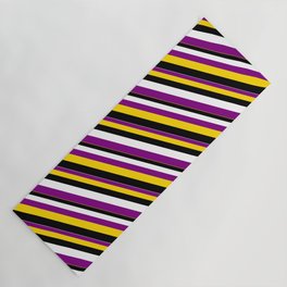 [ Thumbnail: White, Purple, Yellow, and Black Colored Striped Pattern Yoga Mat ]