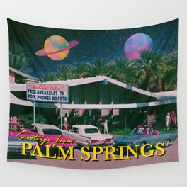 greetings from palm springs Wall Tapestry | Pop, Culture, Rainbow, Trippy, Curated, Collage, Postcard, Palmtrees, 70S, Cars 