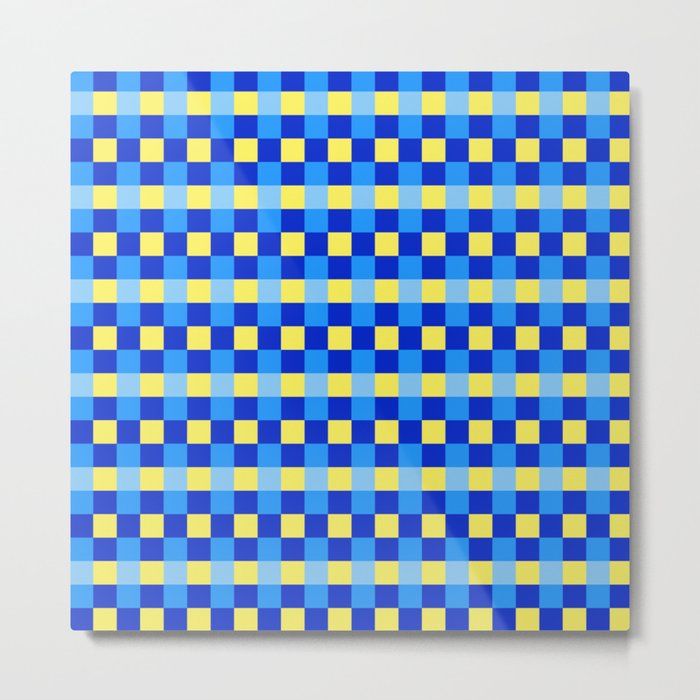 Blue Yellow French Checkered Pattern Metal Print
