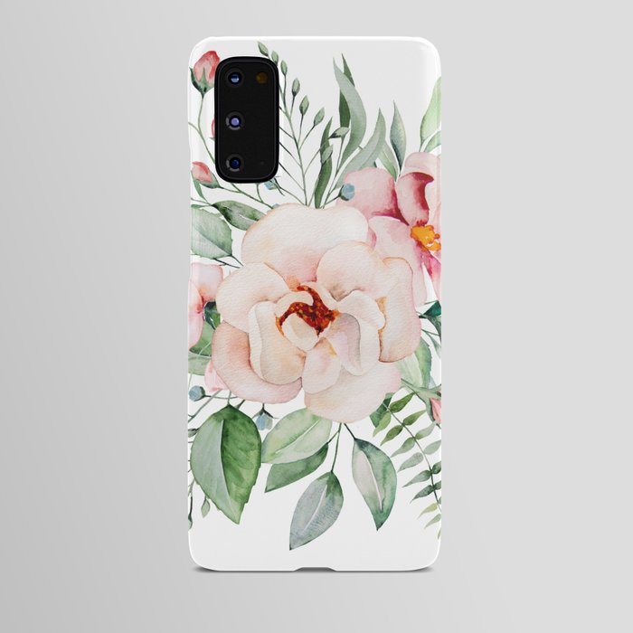 Watercolor light pink flowers and green leaves bouquet illustration Android Case