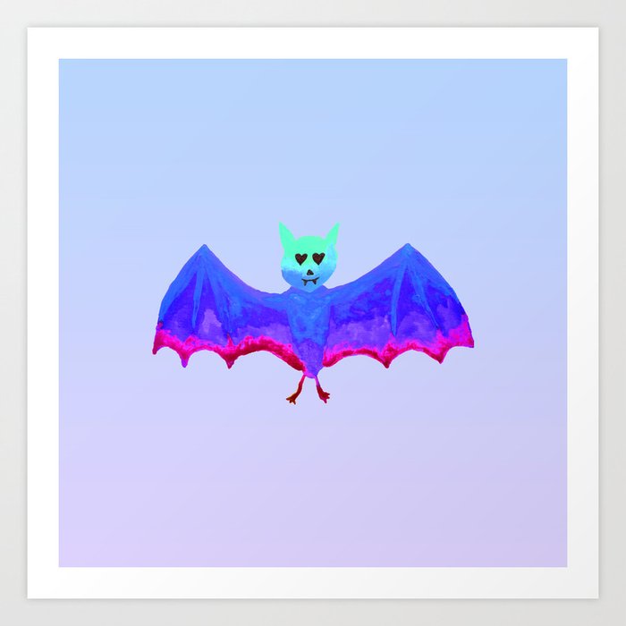Colorful Rainbow Bat with Heart Eyes and Blue Gradient Art Print