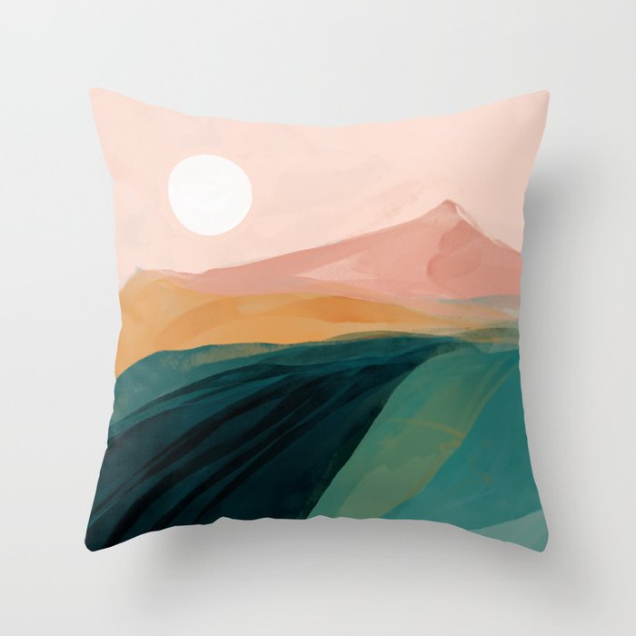 pink, green, gold moon watercolor mountains Throw Pillow