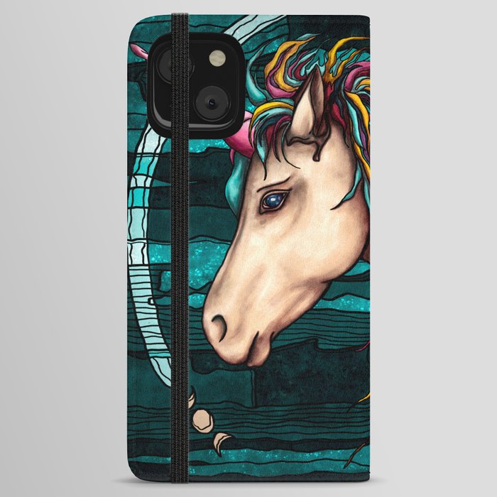 Rainbow unicorn painting, legendary creature on teal background iPhone Wallet Case